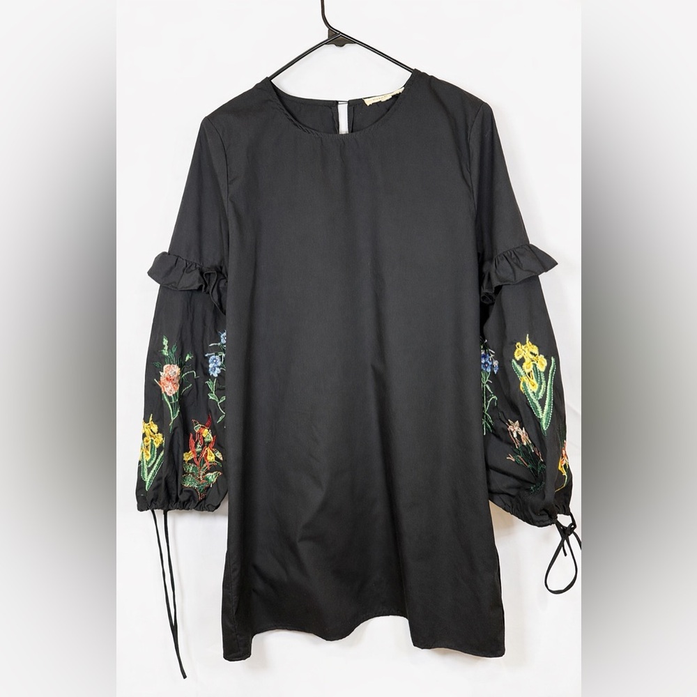Rebellion Lacey Embroidered Sleeve Dress Black Boho Floral Cotton Size L